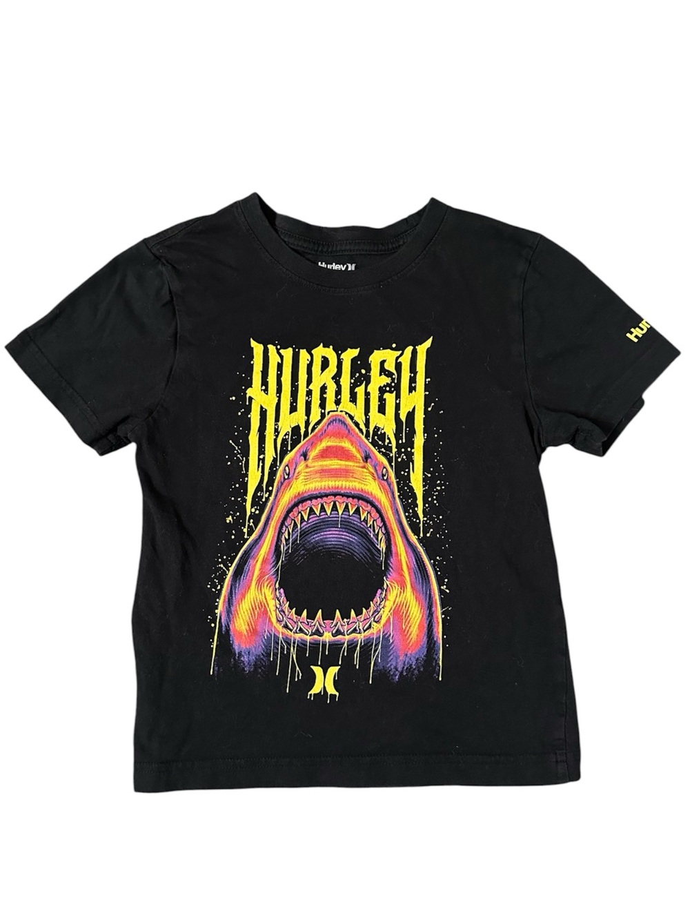 Hurley Boys size 7 Black Logo drip shark graphic short sleeve shirt